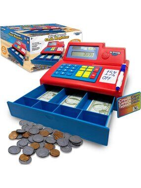 Solar Powered Kids Cash Register Set with Play Money - 67-Piece Math Learning